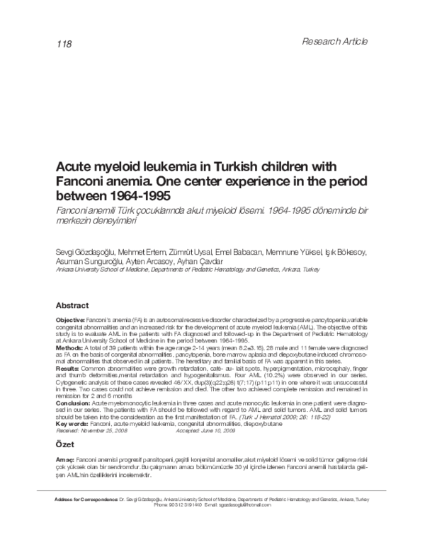 (PDF) Acute myeloid leukemia in Turkish children with Fanconi anemia ...