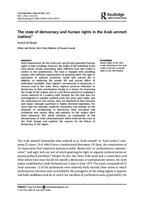 (PDF) The state of democracy and human rights in the Arab ummah (nation) 1