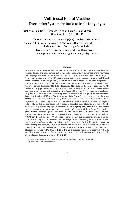 (PDF) Multilingual Neural Machine Translation System for Indic to Indic ...