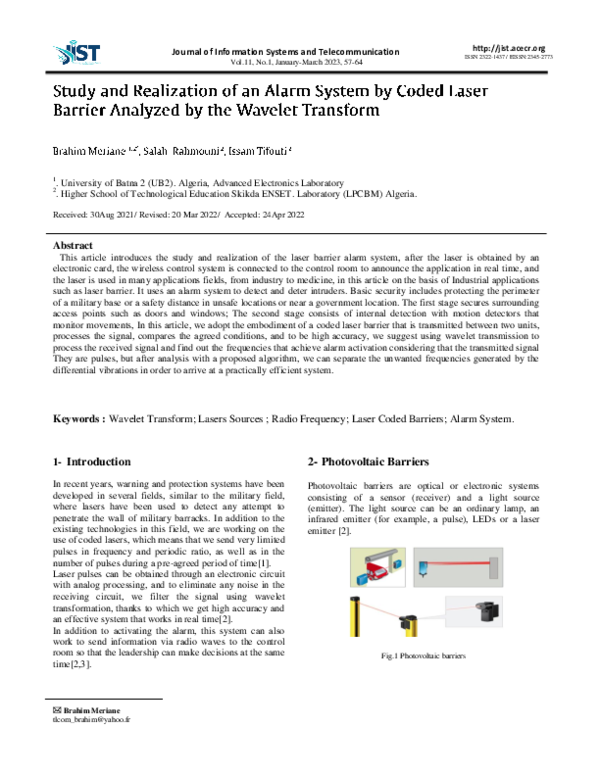 (PDF) Study and Realization of an Alarm System by Coded Laser Barrier ...