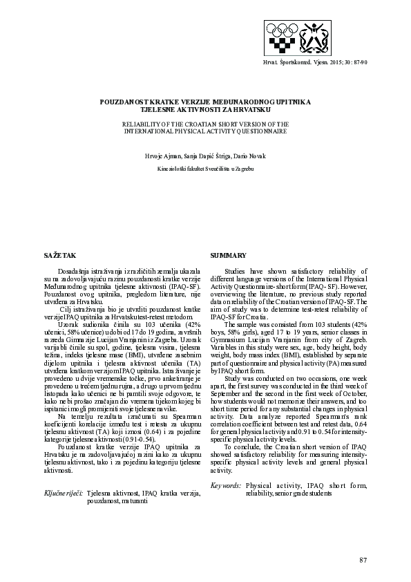  pdf reliability of the croatian short version of the international