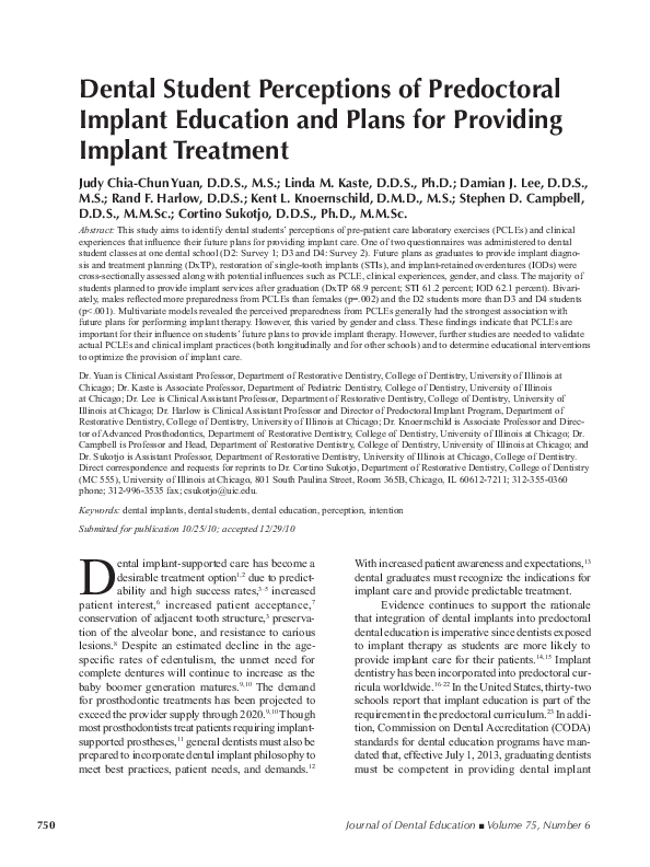 (PDF) Dental Student Perceptions of Predoctoral Implant Education and ...