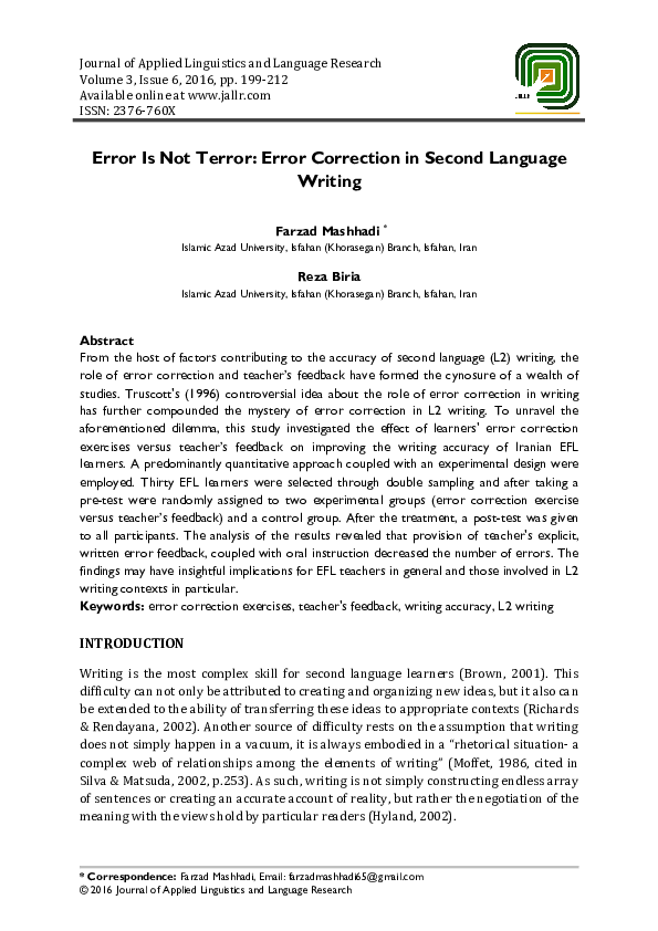 (PDF) Error Is Not Terror: Error Correction in Second Language Writing