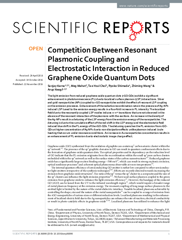 (PDF) Competition Between Resonant Plasmonic Coupling and Electrostatic ...