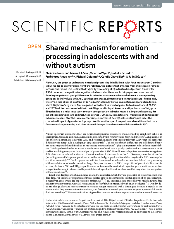 (PDF) Shared mechanism for emotion processing in adolescents with and ...