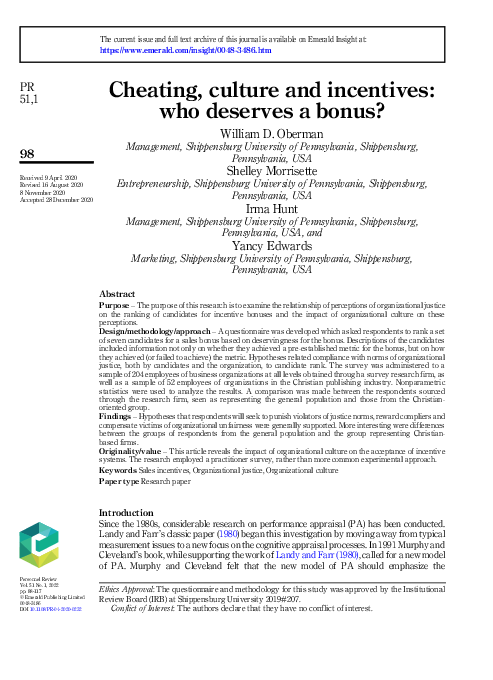 (PDF) Cheating, culture and incentives: who deserves a bonus?