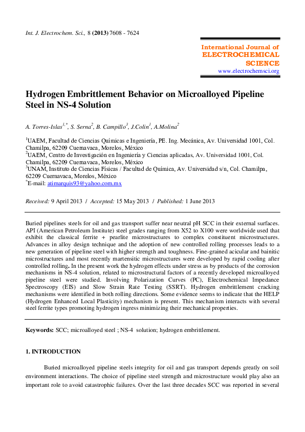 (PDF) Hydrogen Embrittlement Behavior on Microalloyed Pipeline Steel in ...