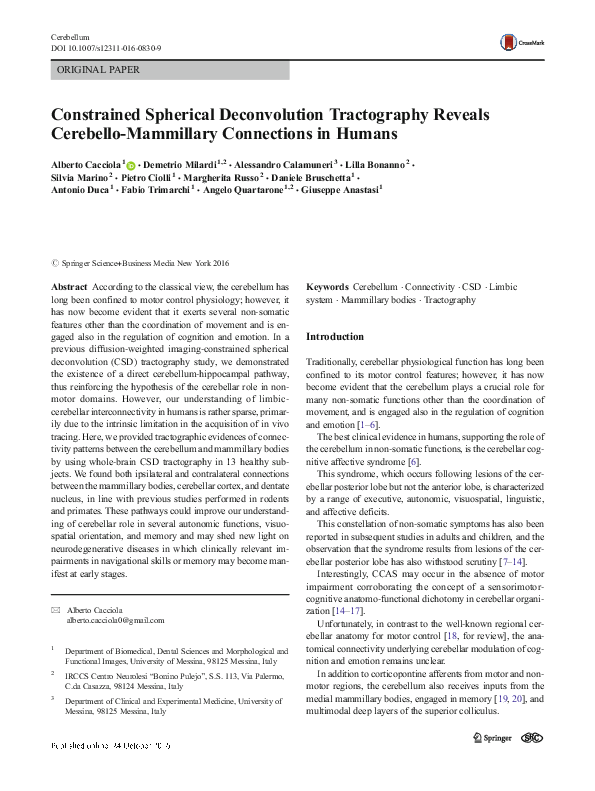 (PDF) Constrained Spherical Deconvolution Tractography Reveals ...