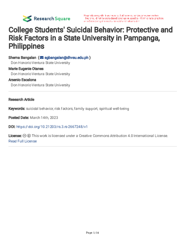 (PDF) College Students' Suicidal Behavior: Protective and Risk Factors ...