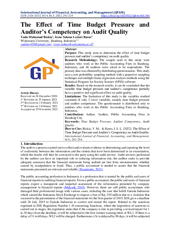 (PDF) The Effect of Time Budget Pressure and Auditor’s Competency on ...