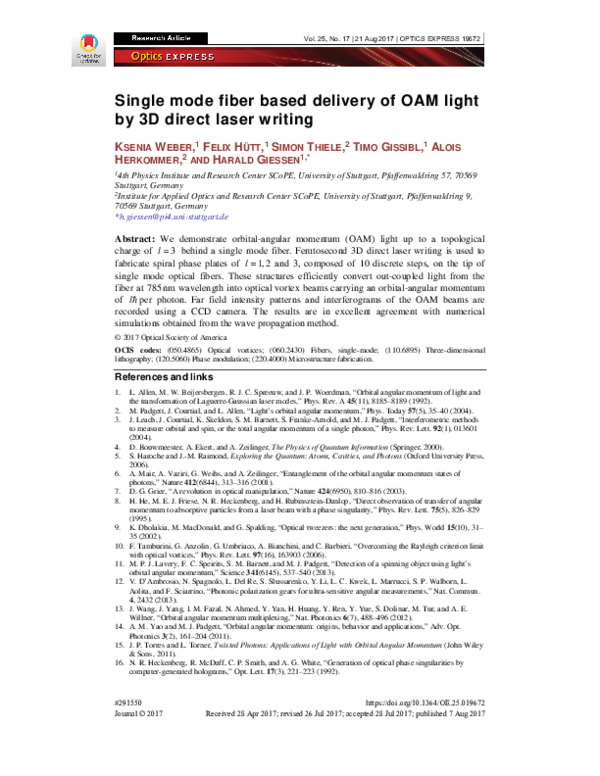 (PDF) Single mode fiber based delivery of OAM light by 3D direct laser ...
