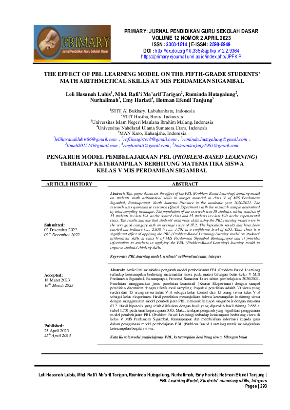 (PDF) The Effect of PBL Learning Model on the Fifth-Grade Students ...