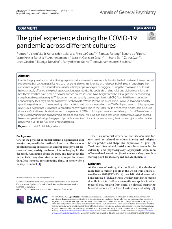 (PDF) The grief experience during the COVID-19 pandemic across ...