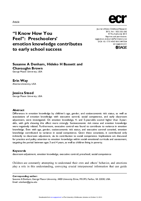 “I Know How You Feel”: Preschoolers’ emotion knowledge contributes to early school success