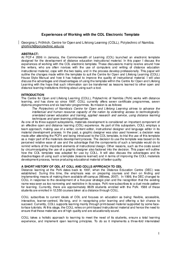 (PDF) Experiences of working with the COL electronic template