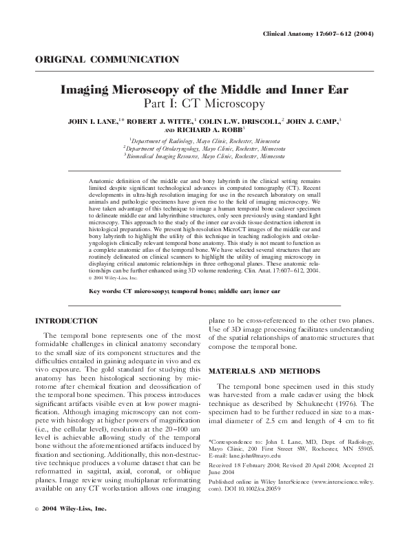 (PDF) Imaging microscopy of the middle and inner ear: Part I: CT microscopy