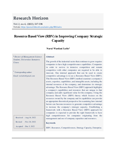 (PDF) Resource Based View (RBV) in Improving Company Strategic Capacity ...