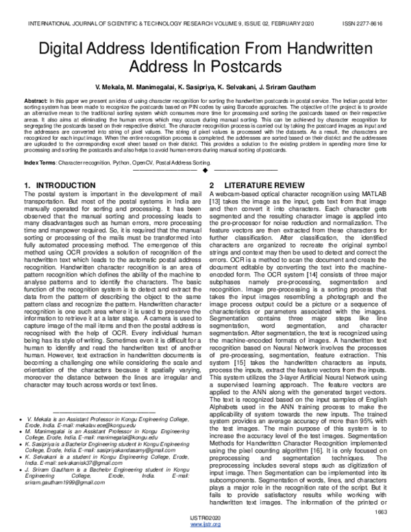 (PDF) Digital Address Identification From Handwritten Address In Postcards