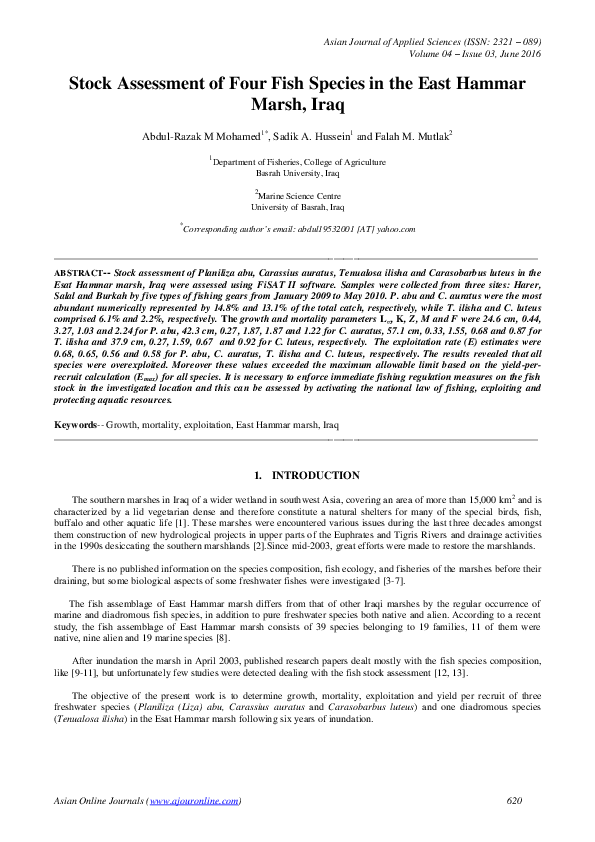 (PDF) Stock Assessment of Four Fish Species in the East Hammar Marsh, Iraq