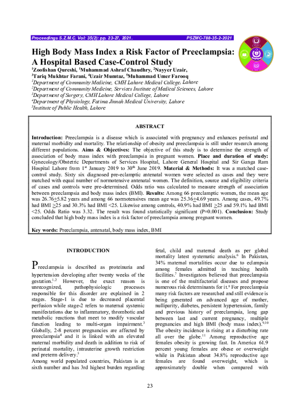 (PDF) High Body Mass Index a Risk Factor of Preeclampsia: A Hospital ...