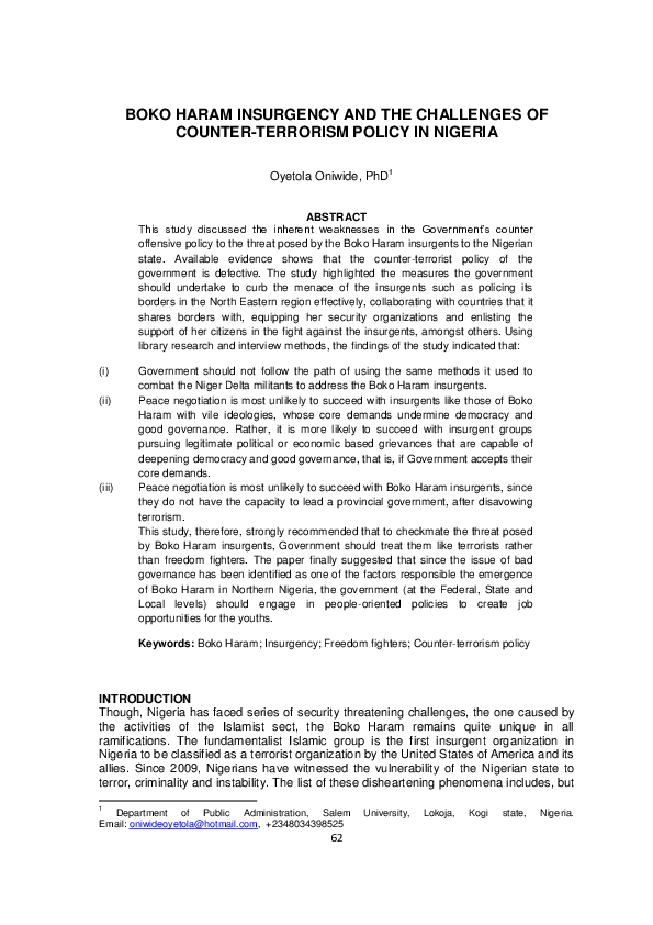 (PDF) Boko Haram insurgency and the challenges of counter terrorism ...