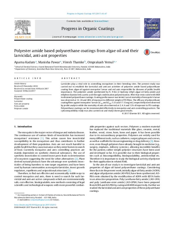 (PDF) Polyester amide based polyurethane coatings from algae oil and ...