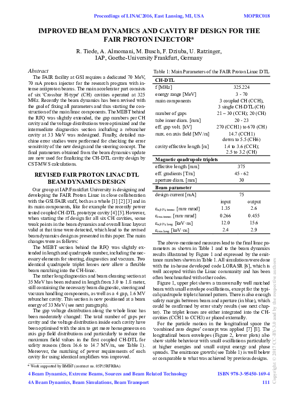 (PDF) Improved Beam Dynamics and Cavity RF Design for the FAIR Proton ...