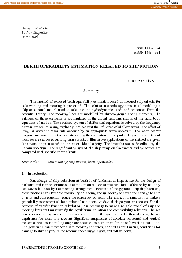 (PDF) Berth Operability Estimation Related to Ship Motion