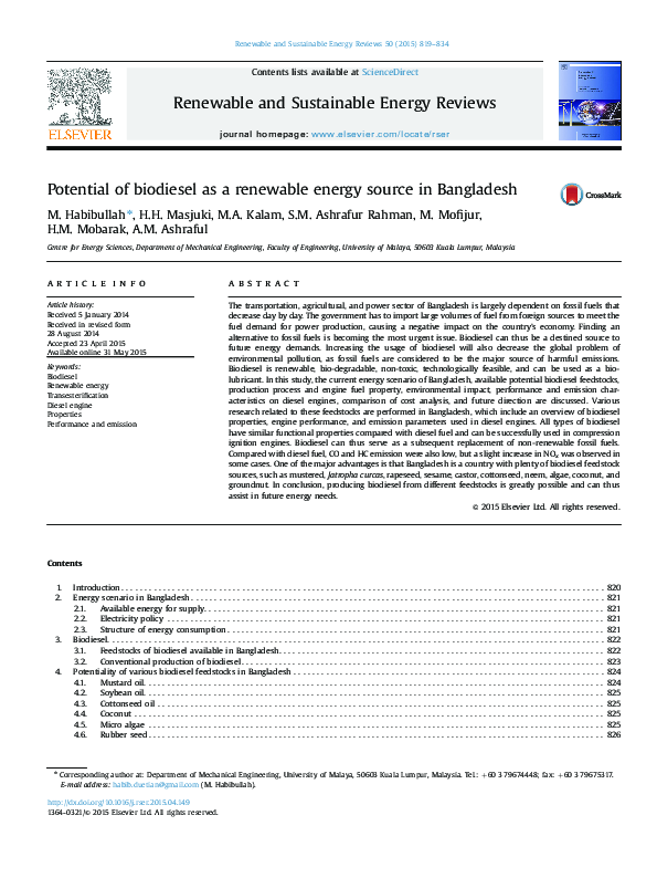 (PDF) Potential of biodiesel as a renewable energy source in Bangladesh