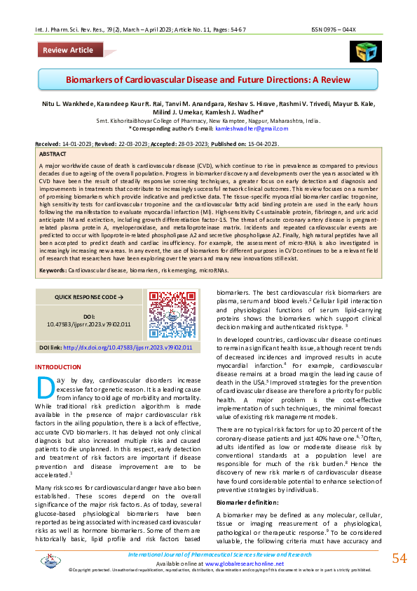 (PDF) Biomarkers of Cardiovascular Disease and Future Directions: A Review