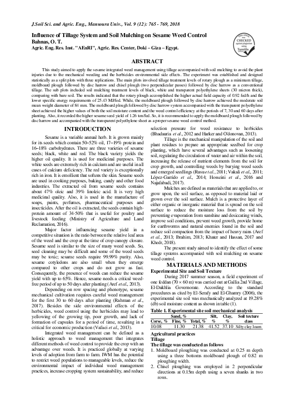 (PDF) Influence of Tillage System and Soil Mulching on Sesame Weed Control