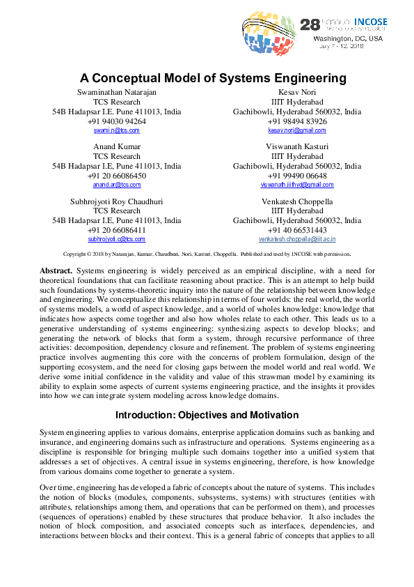 (PDF) A Conceptual Model of Systems Engineering Subhrojyoti Roy Chaudhuri Academia.edu