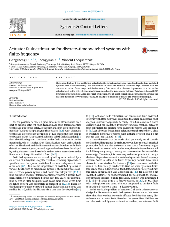 (PDF) Actuator fault estimation for discrete-time switched systems with ...