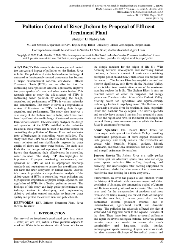 (PDF) Pollution Control of River Jhelum by Proposal of Effluent ...