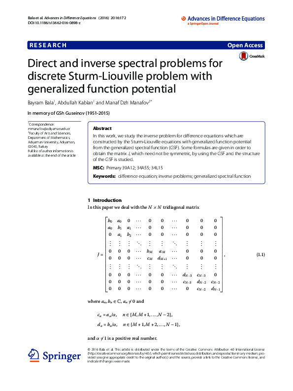 (PDF) Direct and inverse spectral problems for discrete Sturm-Liouville ...