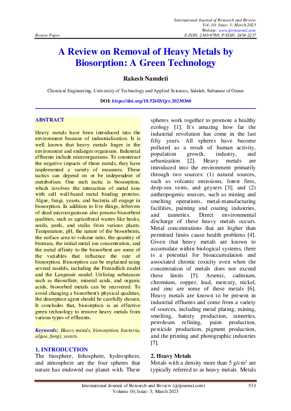 (PDF) A Review on Removal of Heavy Metals by Biosorption: A Green ...