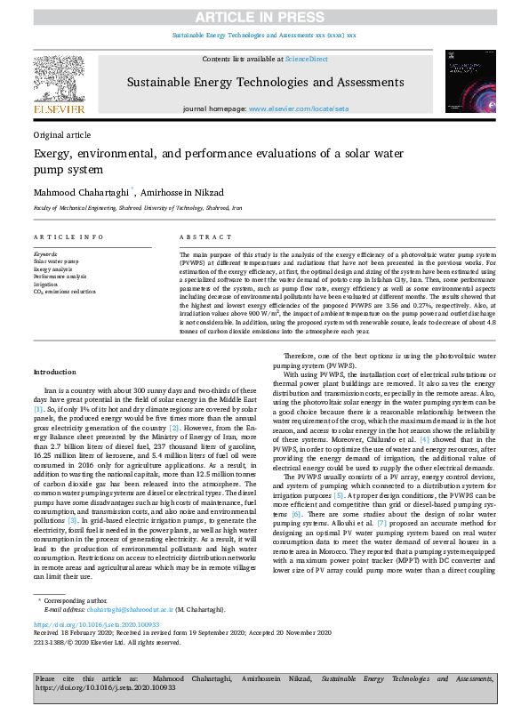 (PDF) Exergy, environmental, and performance evaluations of a solar ...