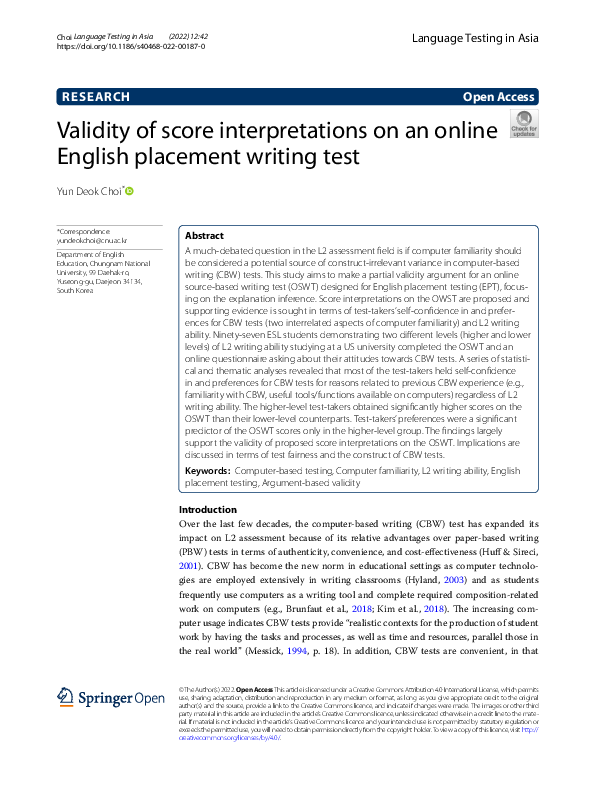 (PDF) Validity of score interpretations on an online English placement ...