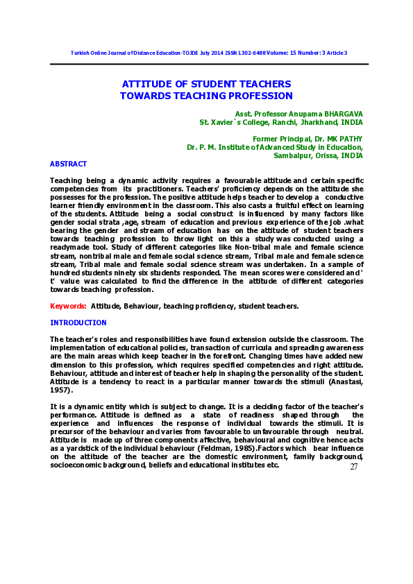(PDF) Attitude Of Student Teachers Towards Teaching Profession