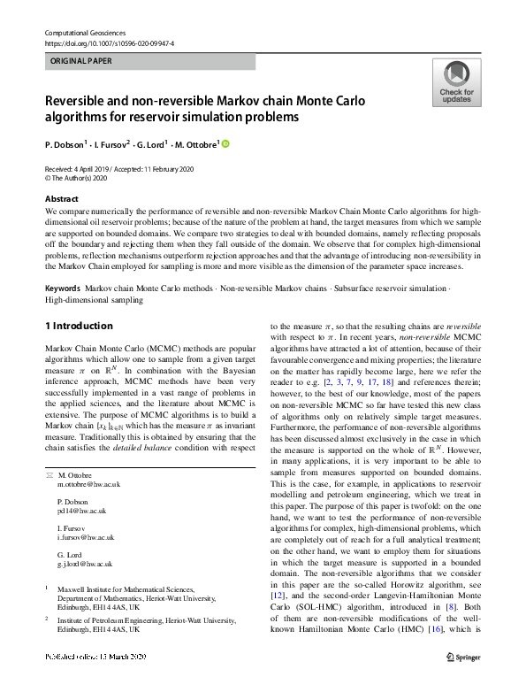 (PDF) Reversible and non-reversible Markov chain Monte Carlo algorithms ...