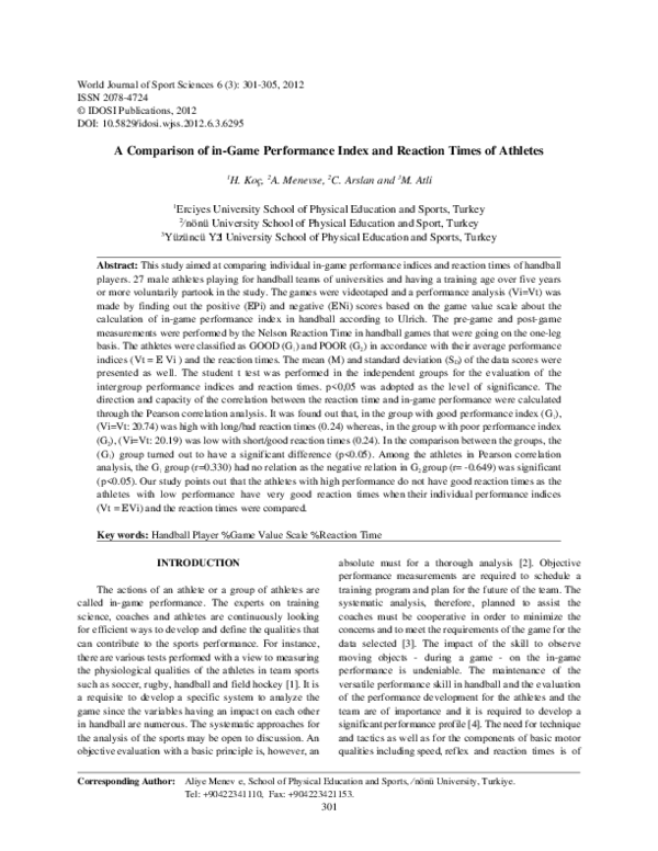(PDF) A Comparison of in-Game Performance Index and Reaction Times of ...
