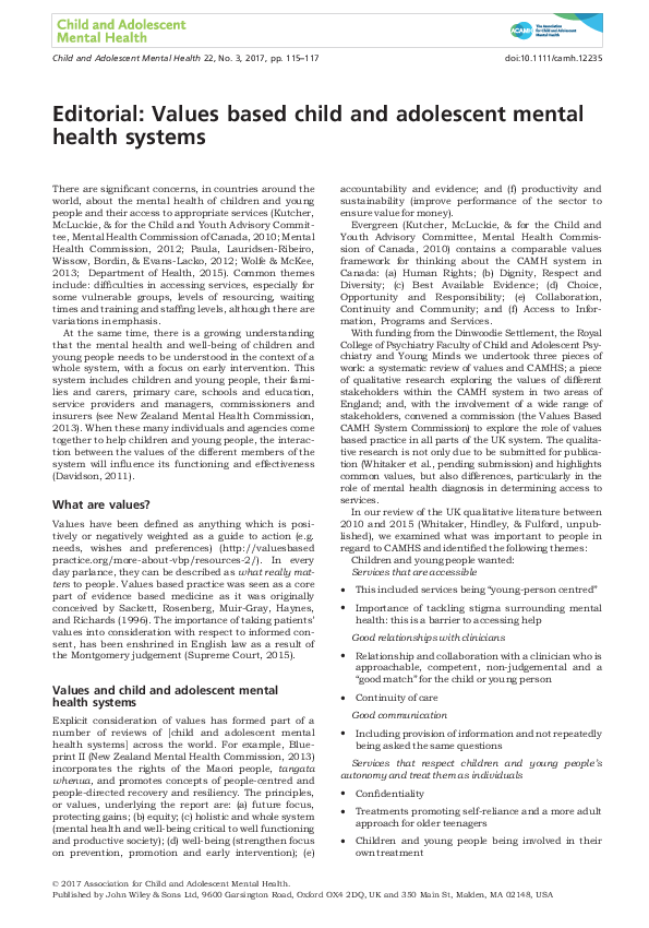 (PDF) Editorial: Values based child and adolescent mental health systems