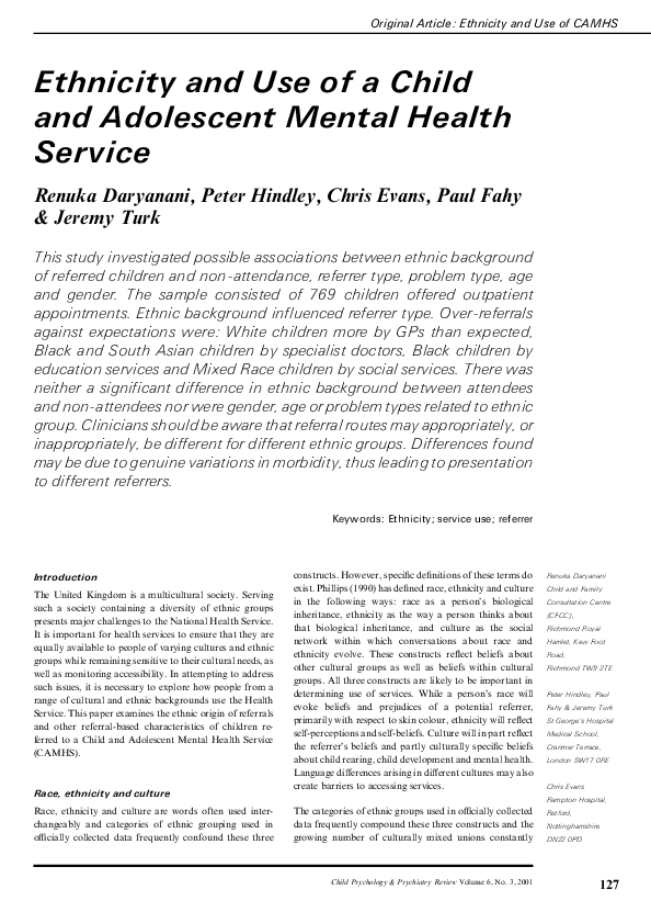 (PDF) Ethnicity and Use of a Child and Adolescent Mental Health Service