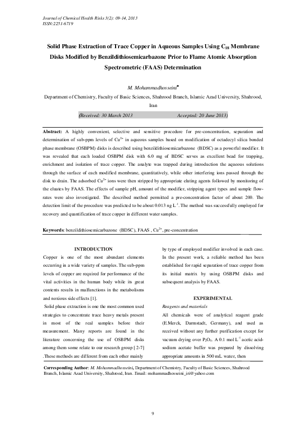 (PDF) Solid Phase Extraction of Trace Copper in Aqueous Samples Using ...