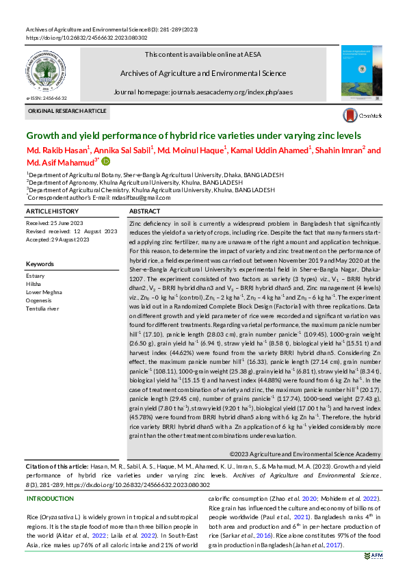 (PDF) Growth and yield performance of hybrid rice varieties under ...