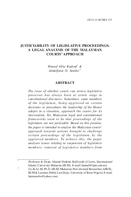 (PDF) Justiciability of Legislative Proceedings: A Legal Analysis of ...