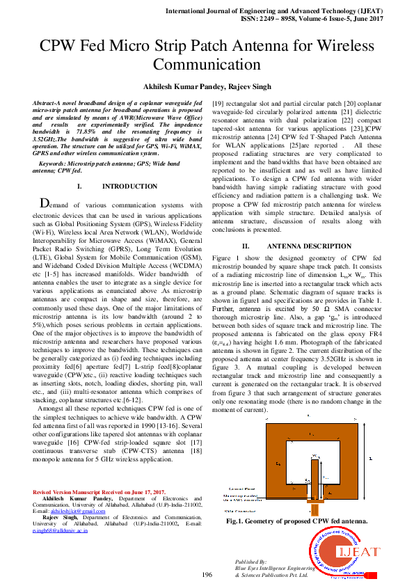 (PDF) CPW-Fed Micro-Strip Patch Antenna for Wireless Communication
