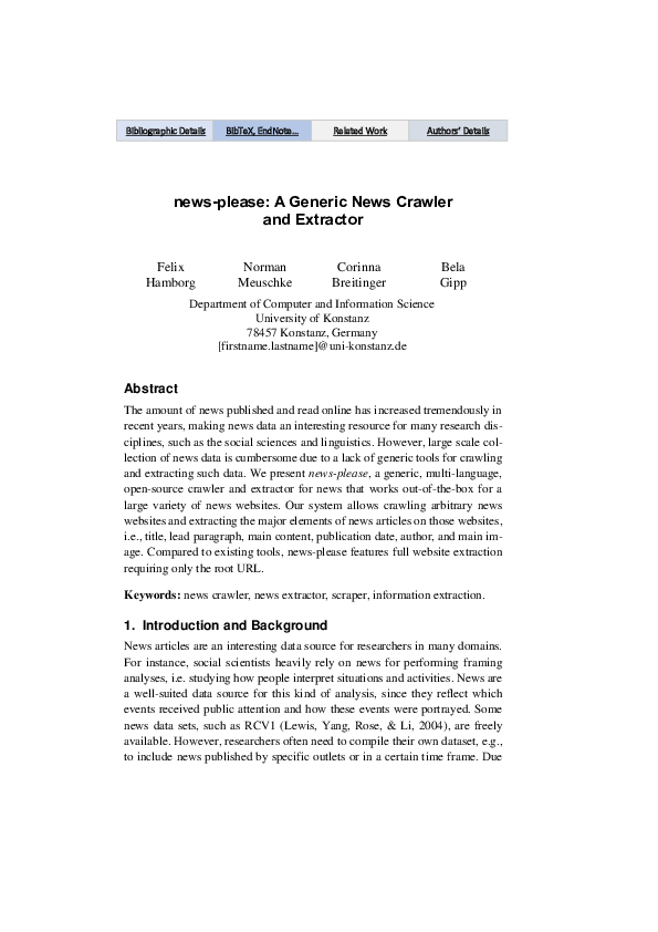 (PDF) news-please : a Generic News Crawler and Extractor