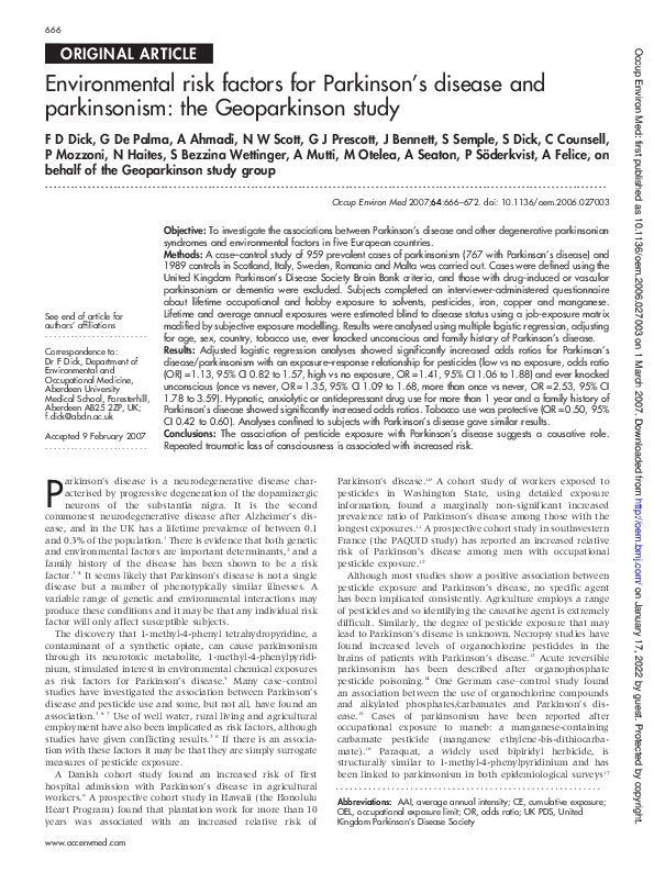 (PDF) Environmental risk factors for Parkinson's disease and ...