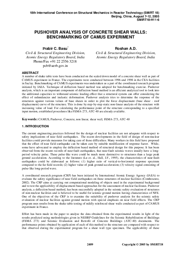 (PDF) Pushover Analysis of Concrete Shear Walls: Benchmarking of CAMUS ...